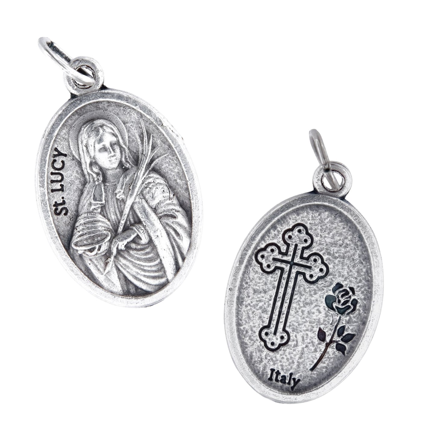 Medaglia Santa Lucia e retro croce, in zama. Altezza 2,2 cm