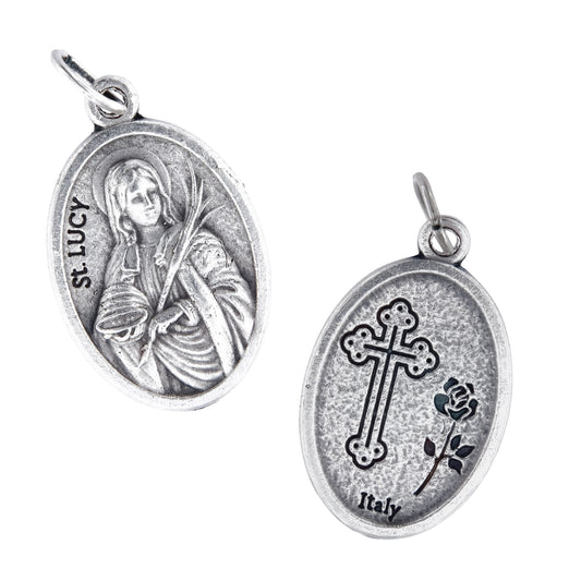 Medaglia Santa Lucia e retro croce, in zama. Altezza 2,2 cm