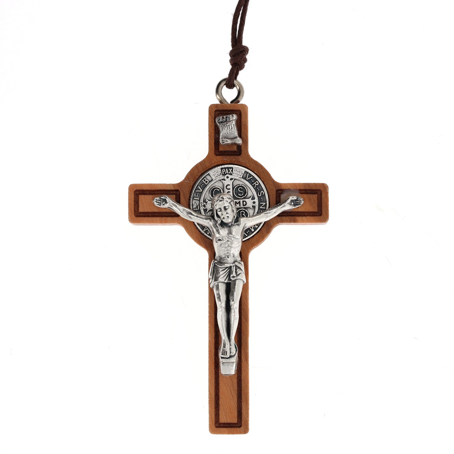 Ciondolo croce di San Benedetto in legno d'olivo 7,5 cm