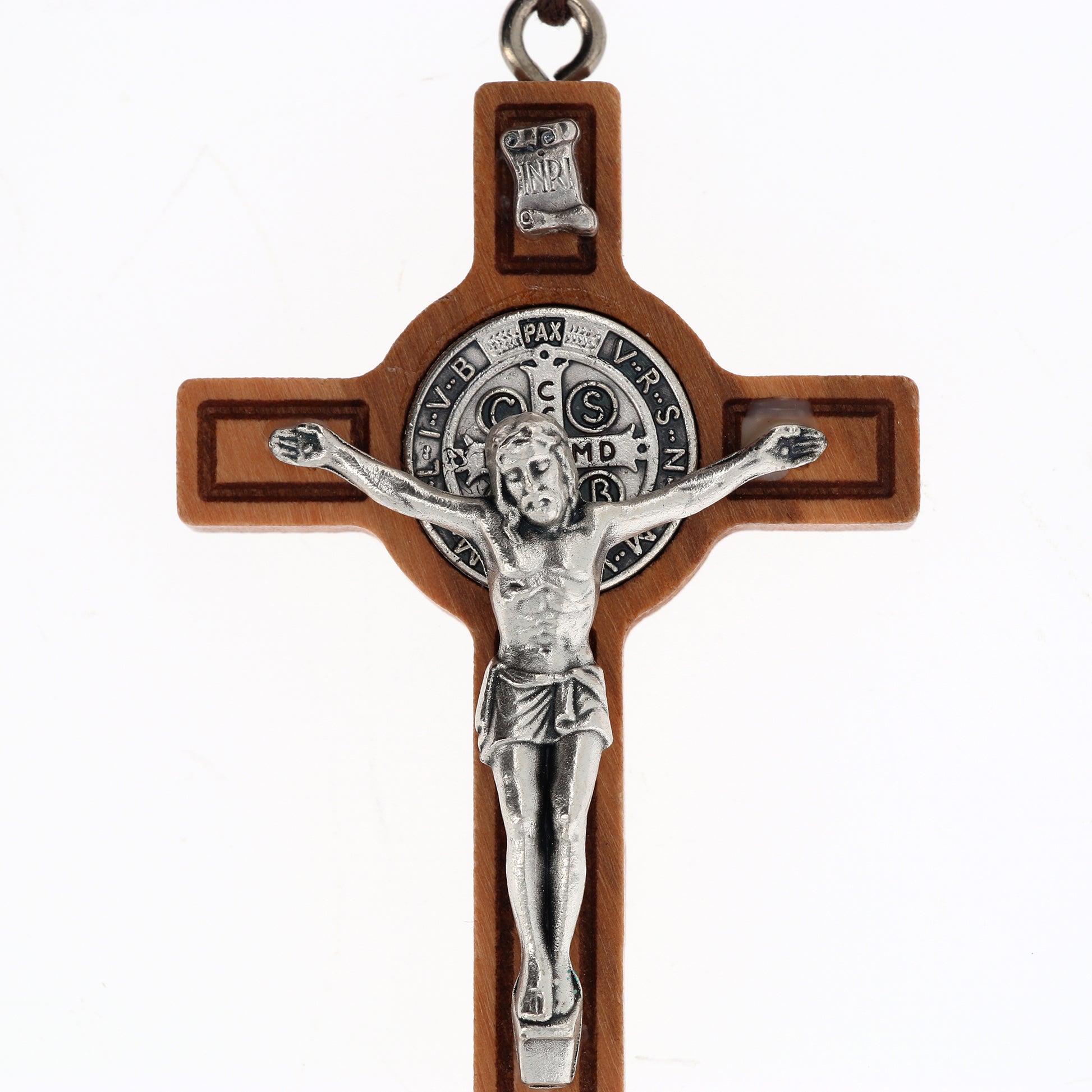 Ciondolo croce di San Benedetto in legno d'olivo 7,5 cm