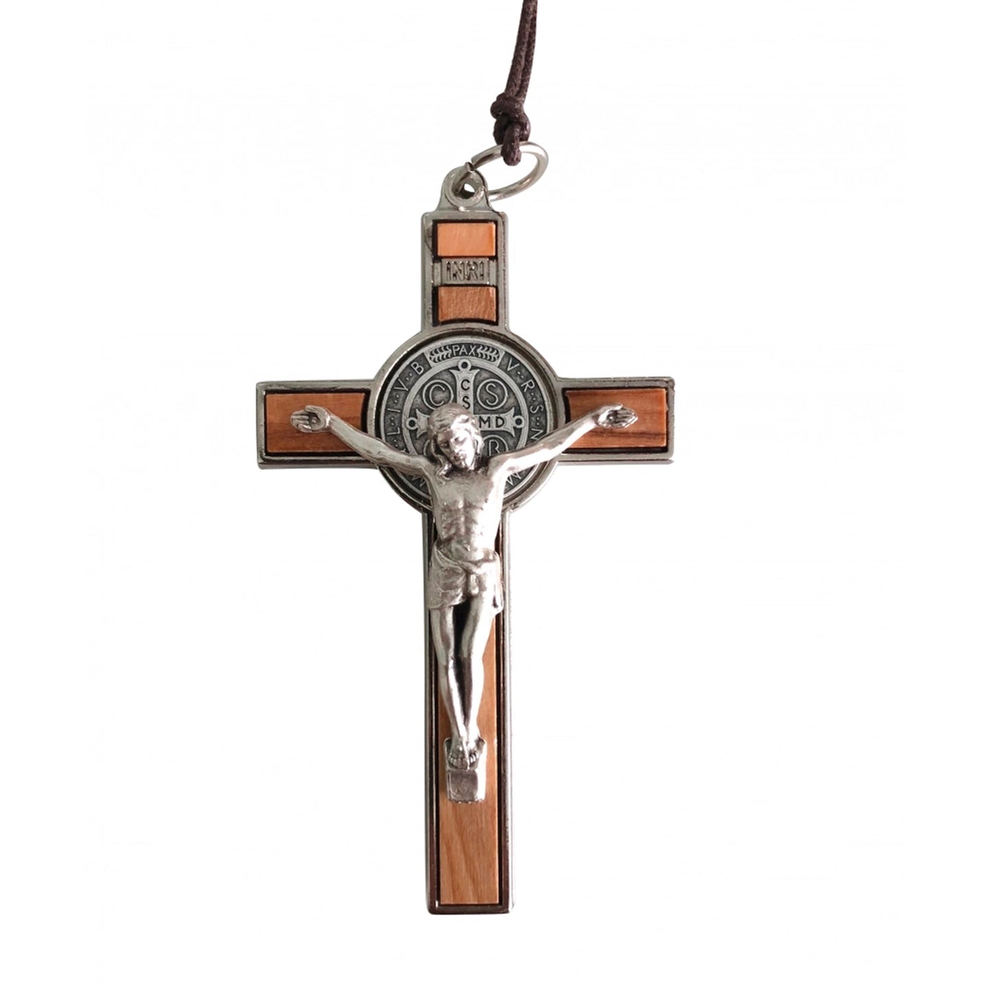 Ciondolo croce San Benedetto in metallo con intarsi legno, 8 cm