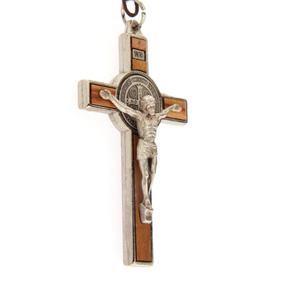 Ciondolo croce San Benedetto in metallo con intarsi legno, 8 cm