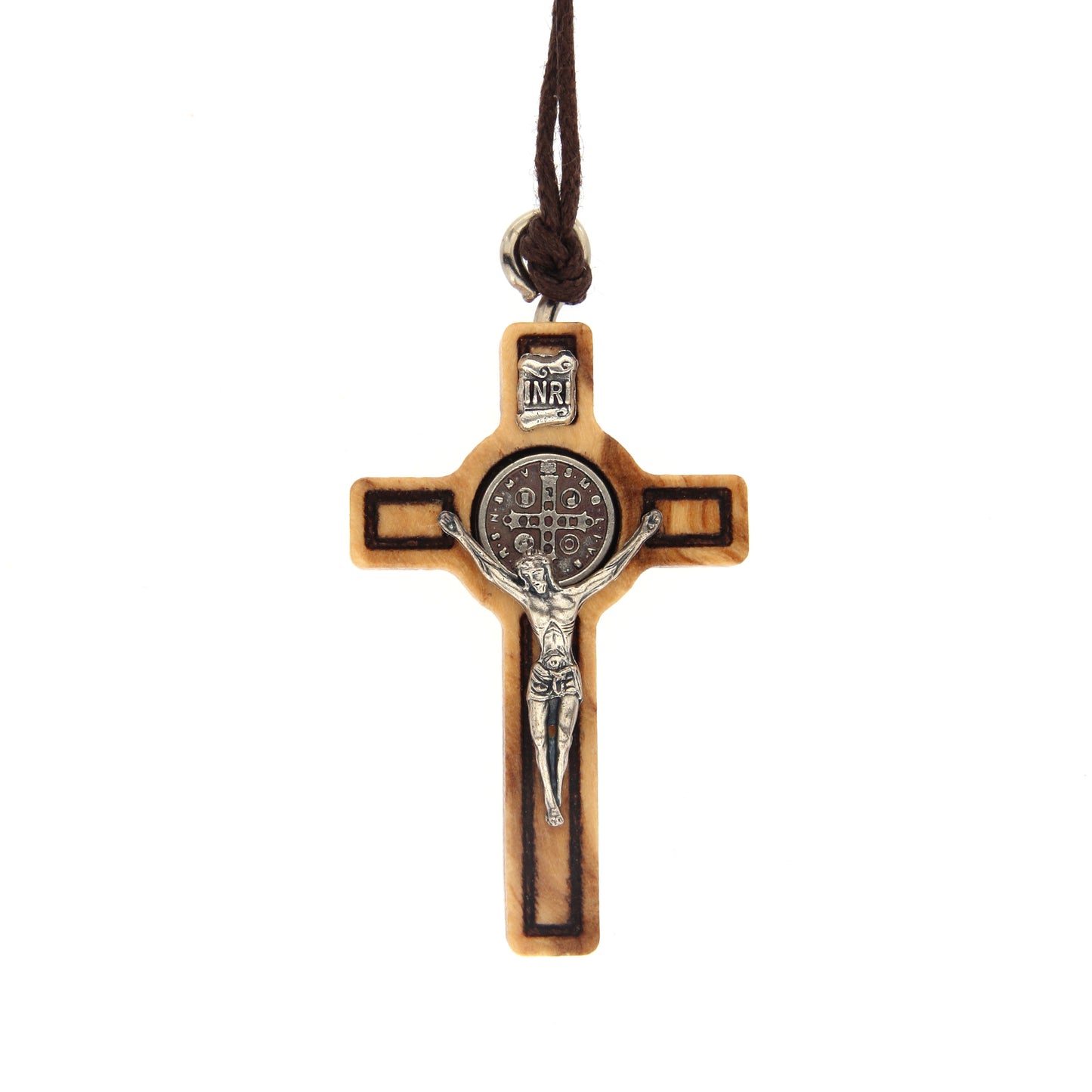Ciondolo croce San Benedetto in legno d'olivo 4,5 cm