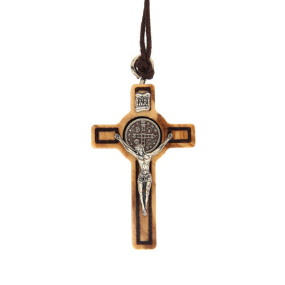 Ciondolo croce San Benedetto in legno d'olivo 4,5 cm