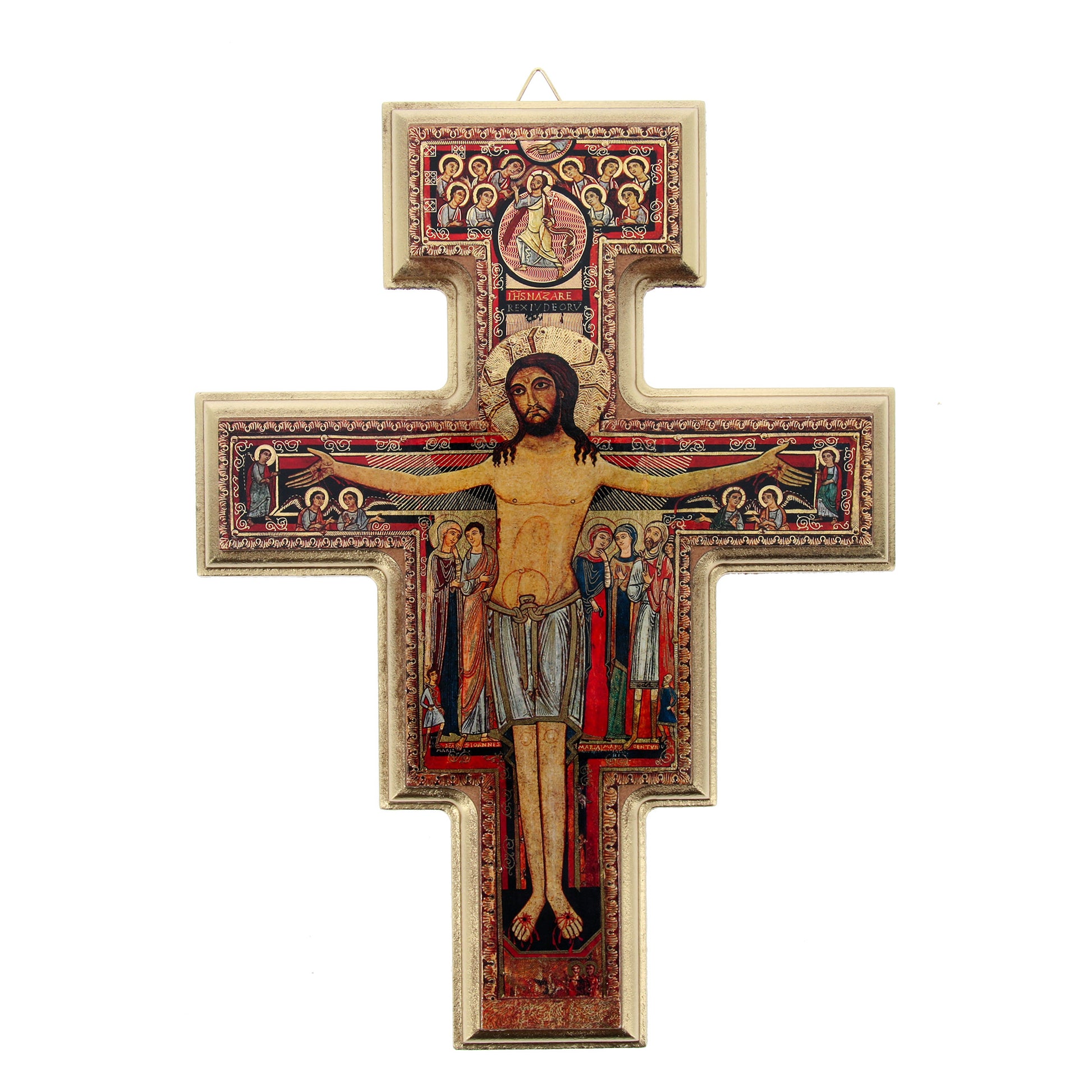 Crocifisso san Damiano in legno con bordatura oro. Altezza 22 cm