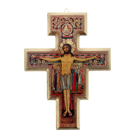 Crocifisso san Damiano in legno con bordatura oro. Altezza 22 cm