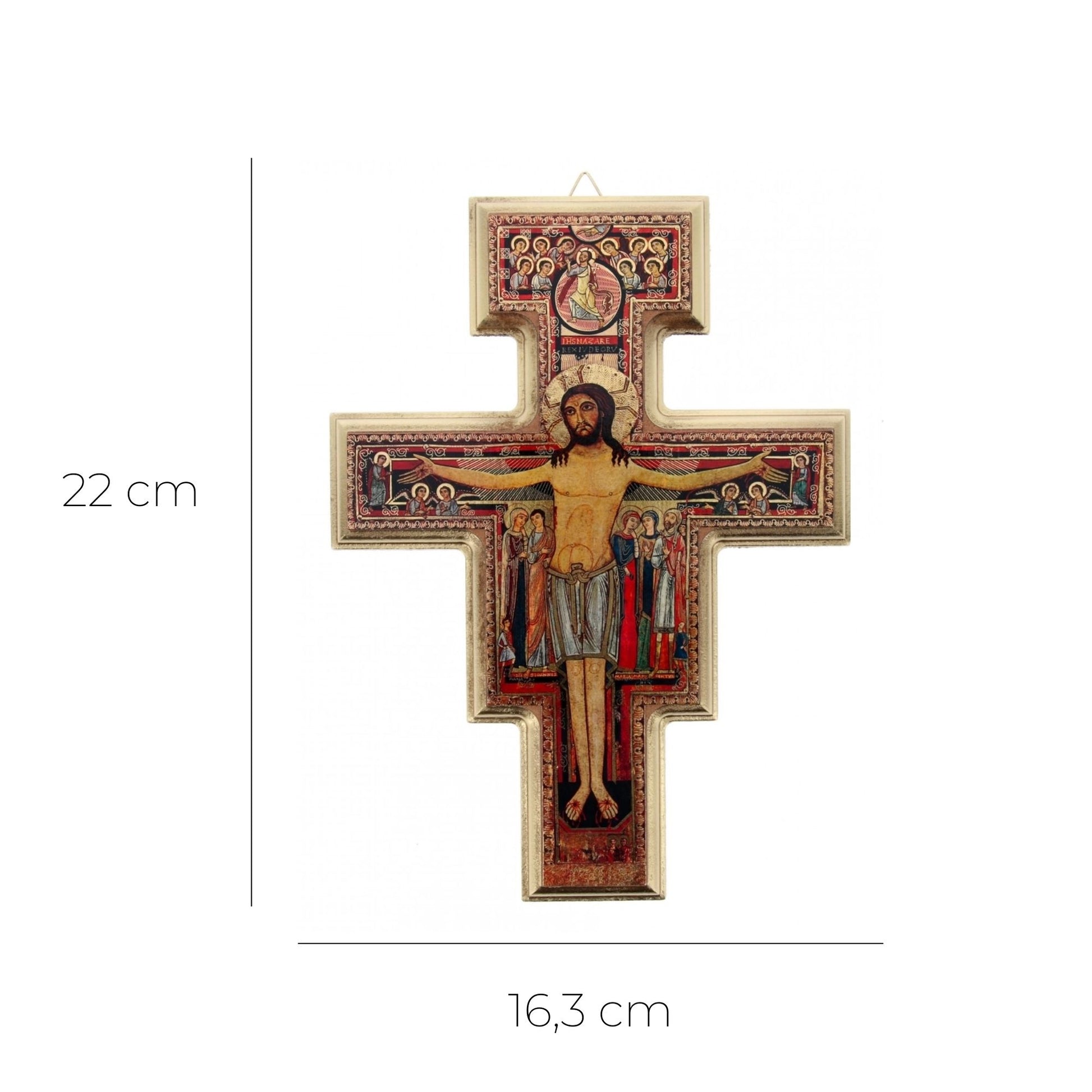 Crocifisso san Damiano in legno con bordatura oro. Altezza 22 cm