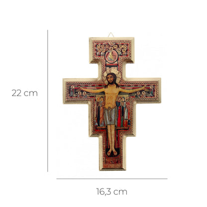 Crocifisso san Damiano in legno con bordatura oro. Altezza 22 cm