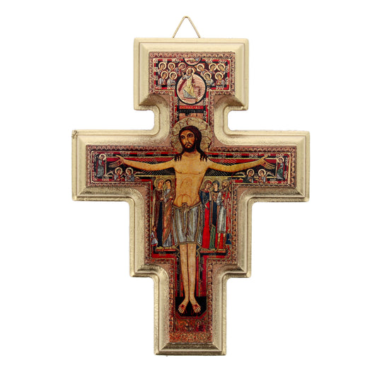 Crocifisso san Damiano in legno con bordatura in oro. Altezza 15,4 cm