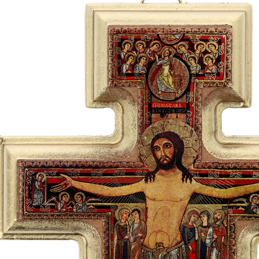 Crocifisso san Damiano in legno con bordatura in oro. Altezza 15,4 cm