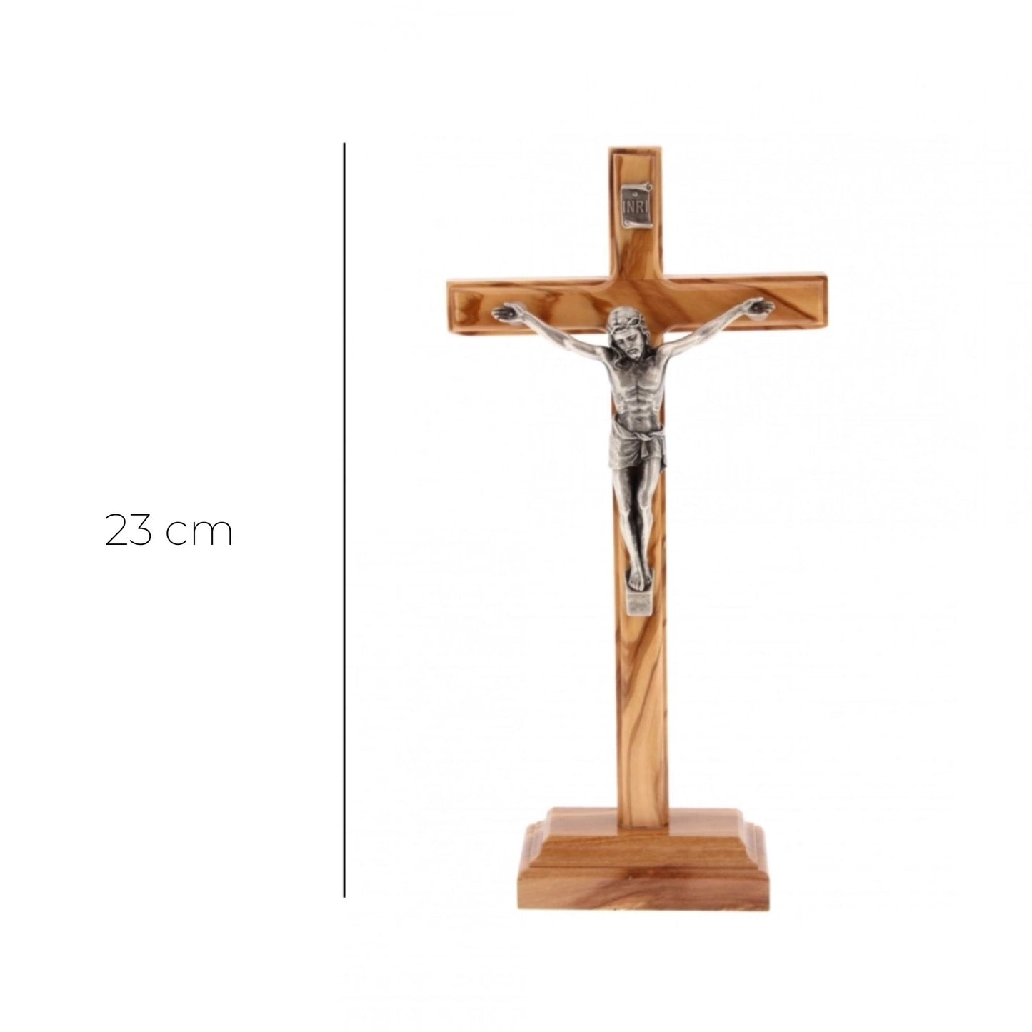 Crocifisso in legno d'ulivo e corpo in metallo con base. Altezza 23 cm
