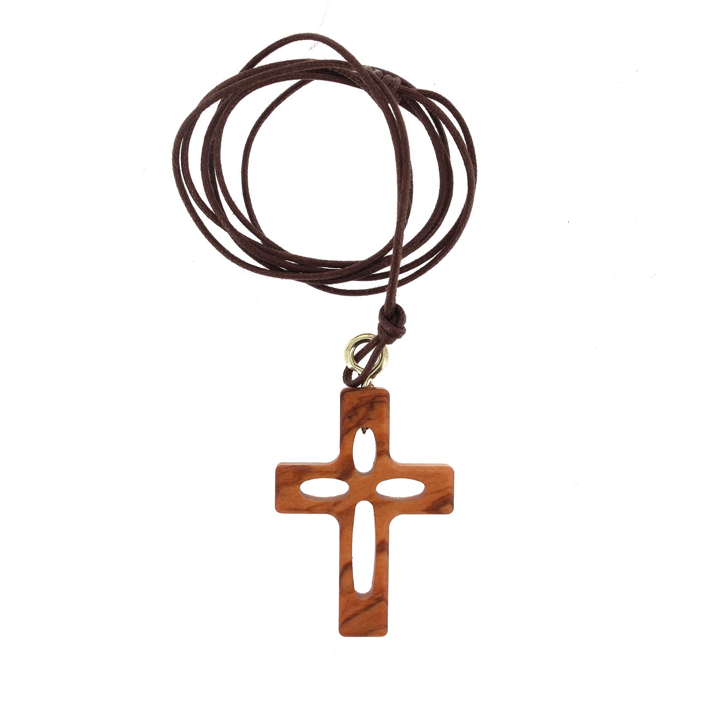 Ciondolo croce traforata in legno d'olivo con cordoncino 3,7 cm