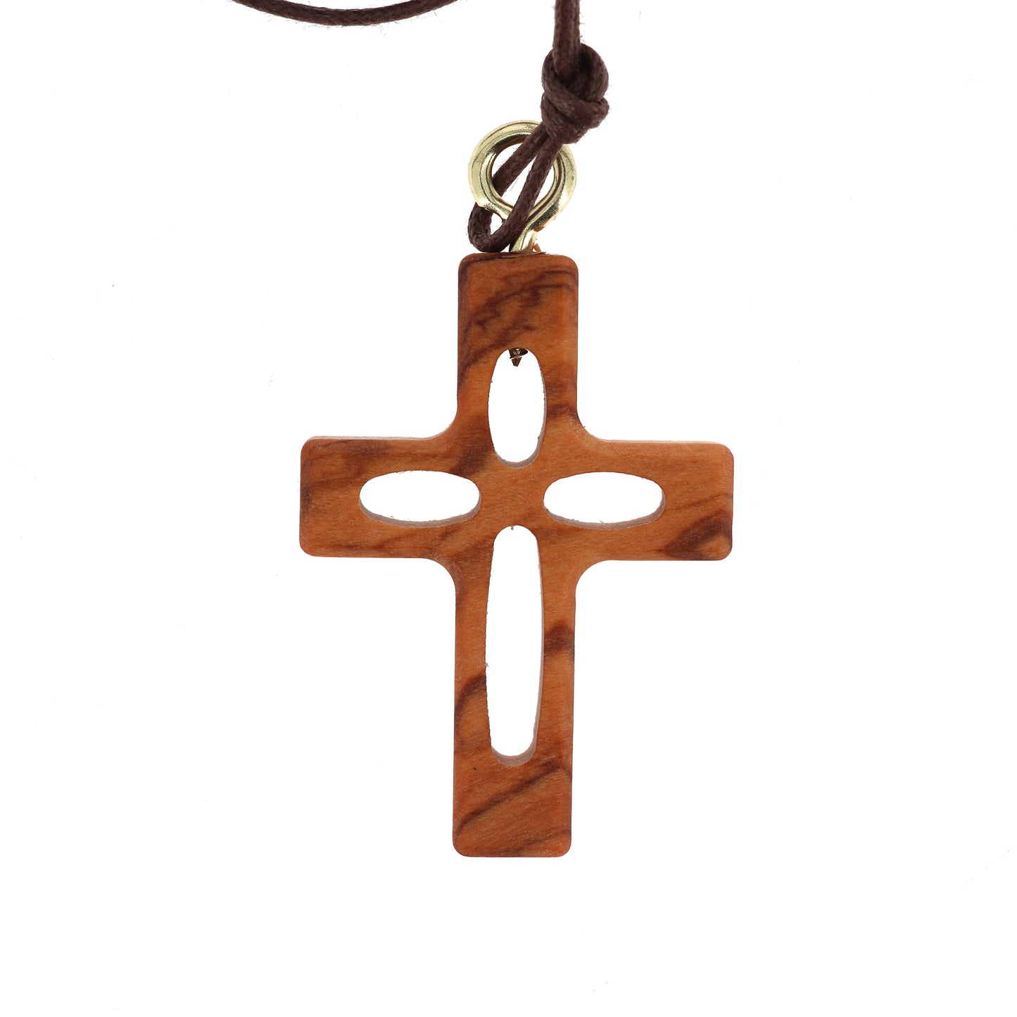 Ciondolo croce traforata in legno d'olivo con cordoncino 3,7 cm