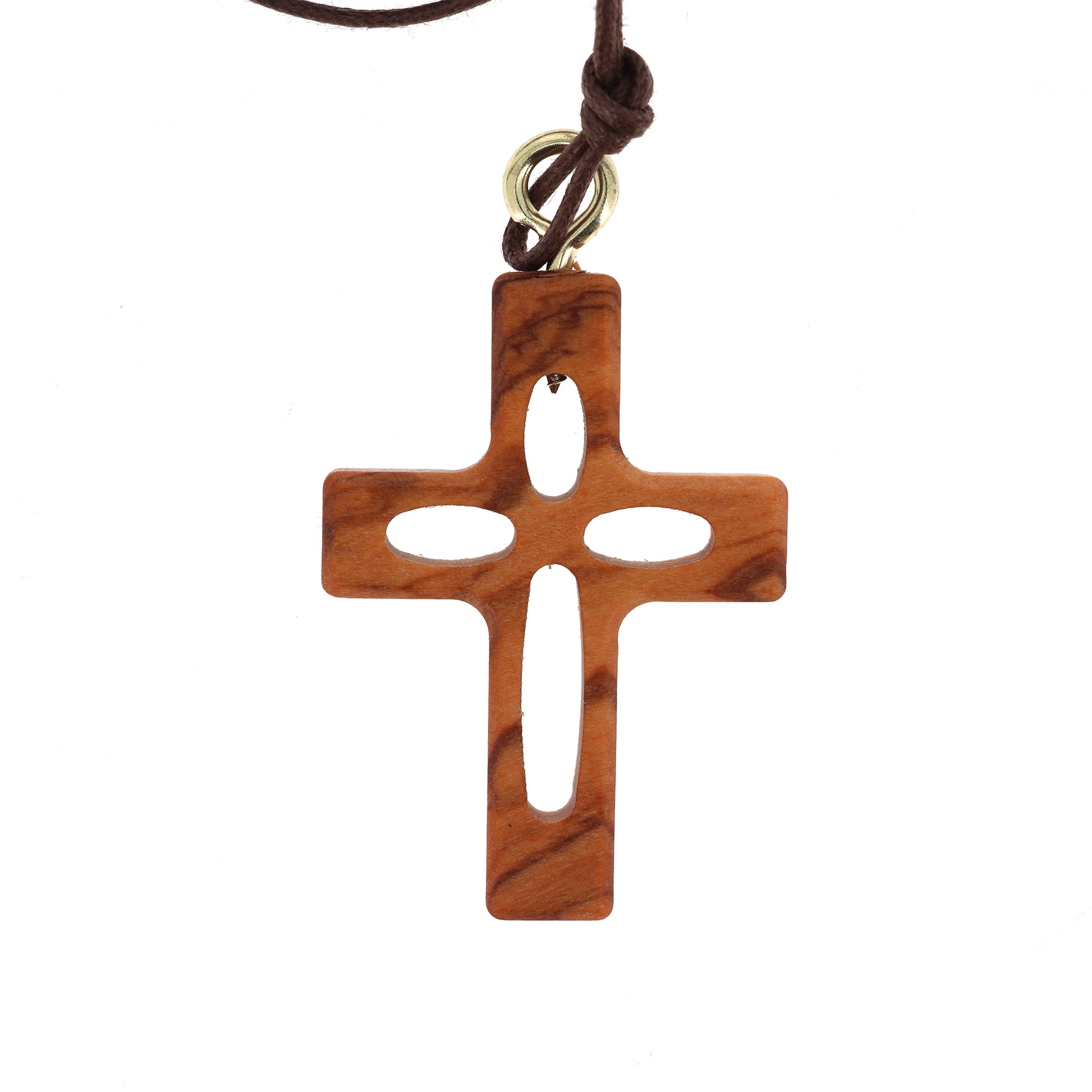 Ciondolo croce traforata in legno d'olivo con cordoncino 3,7 cm