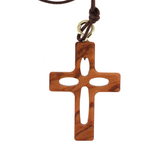 Ciondolo croce traforata in legno d'olivo con cordoncino 3,7 cm