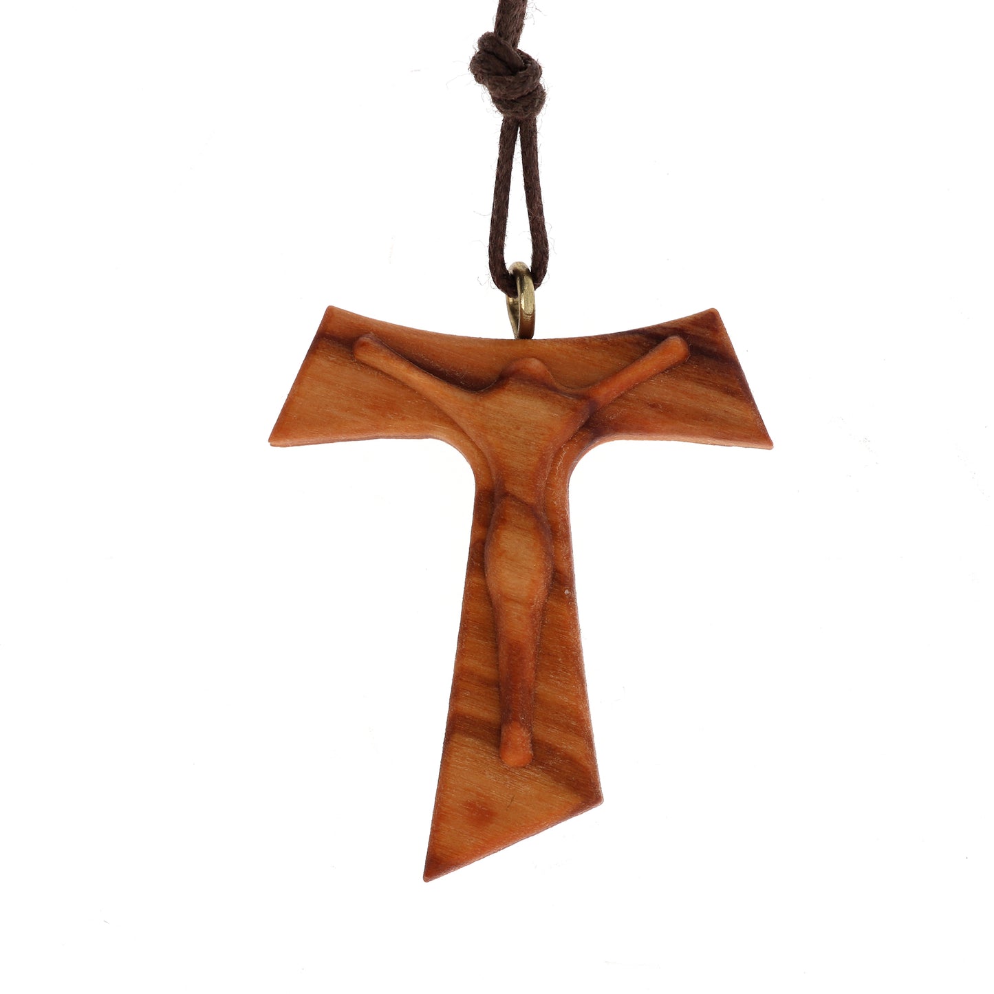 Tau in ulivo con corpo di Cristo in rilievo e cordoncino 3,7 cm