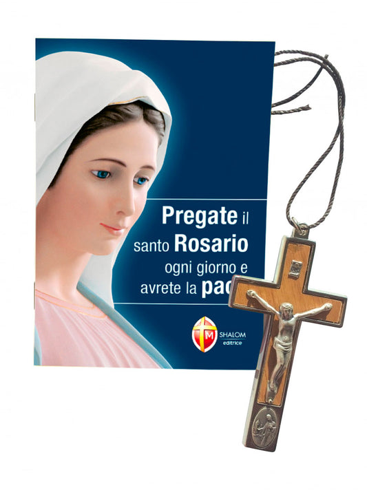 Confezione libro "Pregate il Santo Rosario ogni giorno e avrete la Pace" e Croce con medaglia di Medjugorje 10 cm