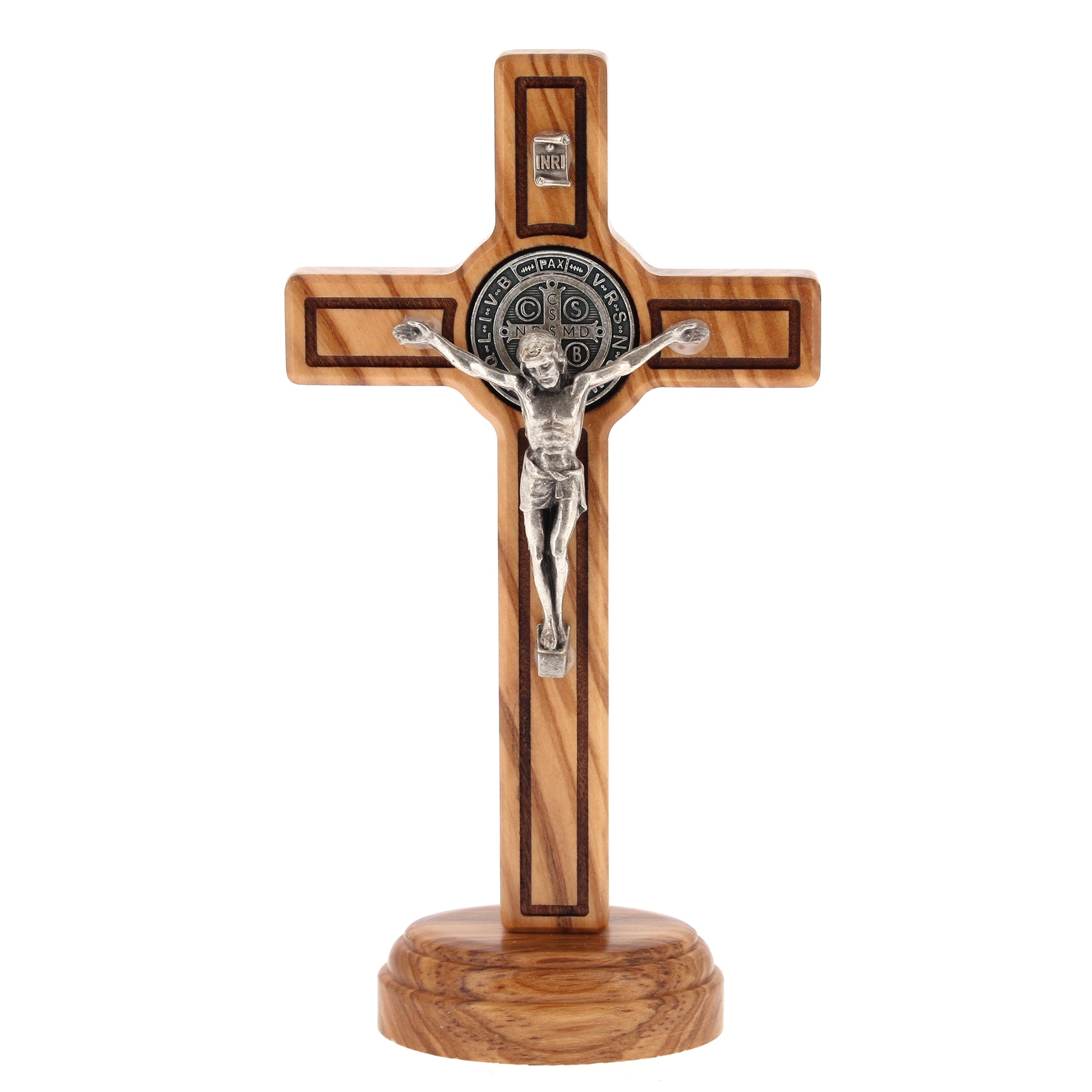 Crocifisso san Benedetto, in legno, da appoggio. Altezza 15,5 cm
