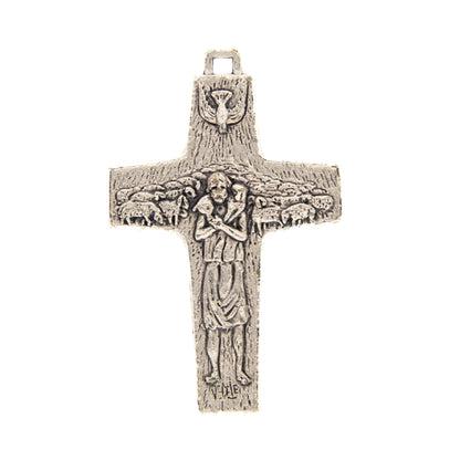 Croce pettorale del buon Pastore di papa Francesco in metallo, con laccio e confezione. Dimensioni 2,7x3,8 cm