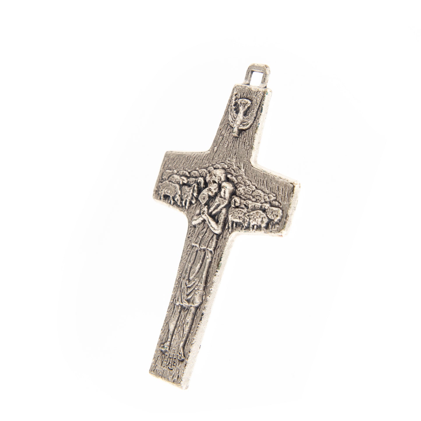 Croce pettorale Buon Pastore con anello, in metallo 4,8 cm