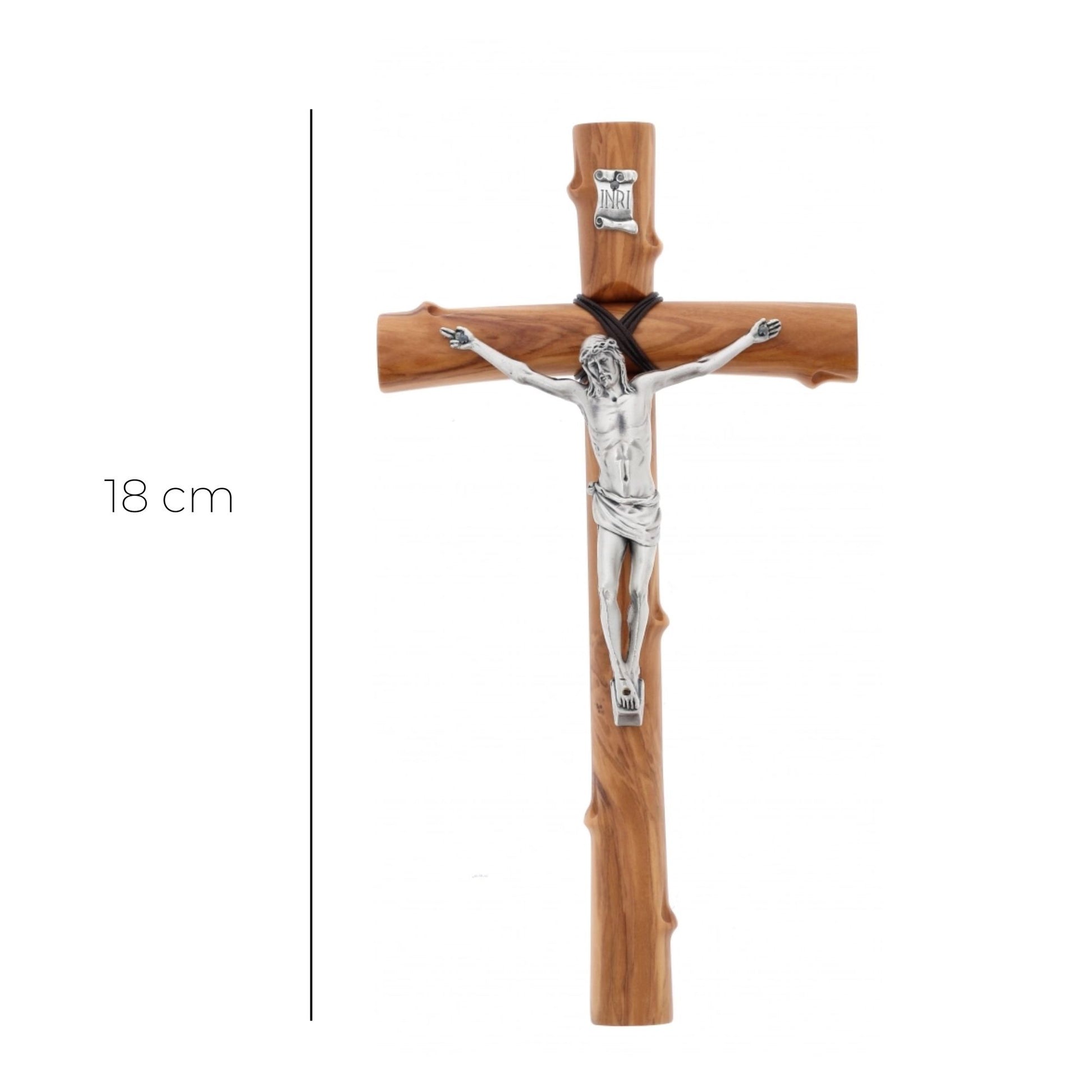 Crocifisso in legno d'olivo e corpo in metallo. Altezza 18 cm