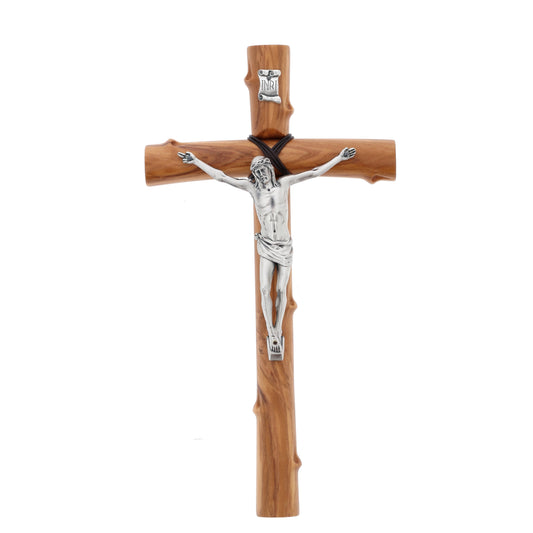 Crocifisso in legno d'olivo e corpo in metallo. Altezza 18 cm