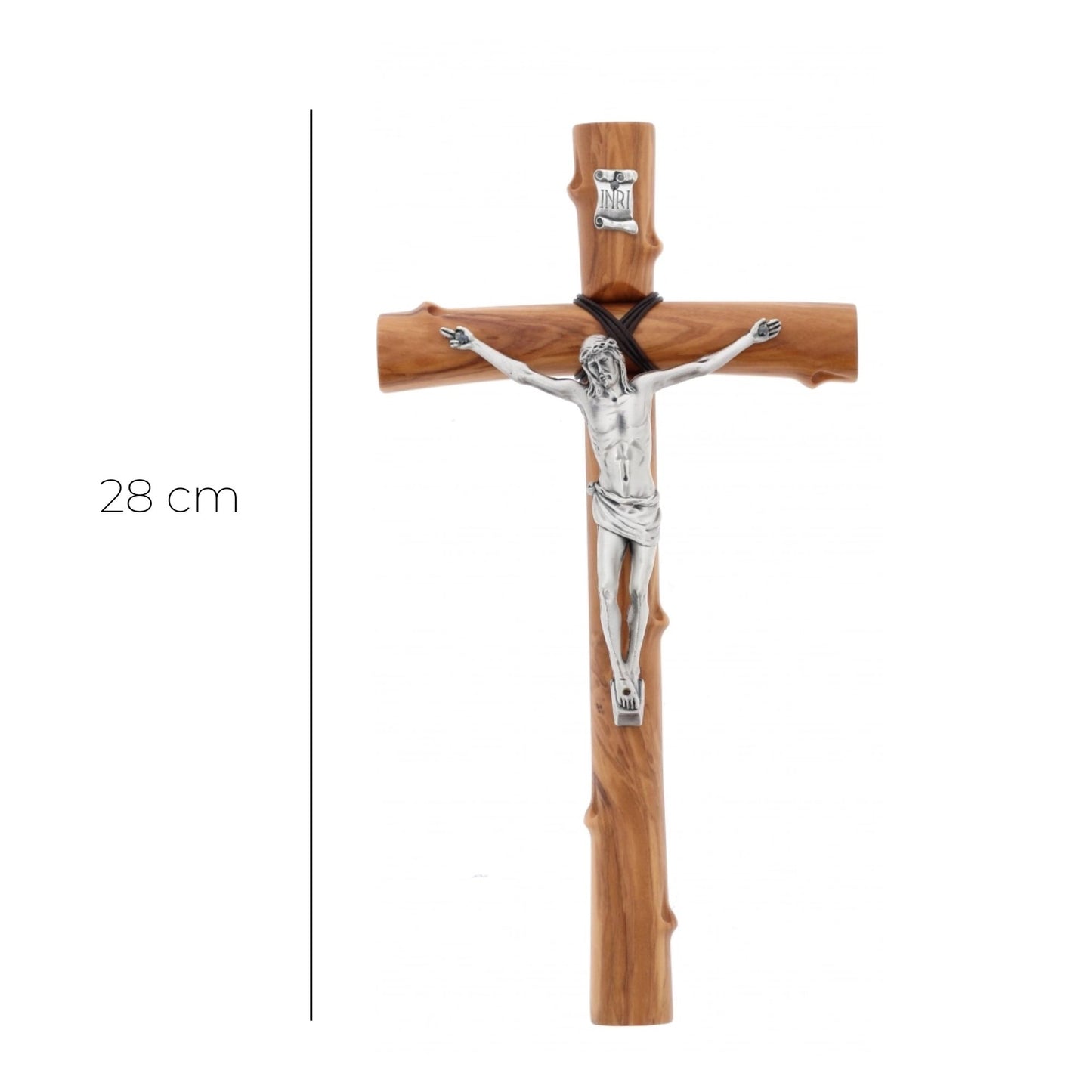 Crocifisso in legno d'olivo e corpo in metallo. Altezza 28 cm