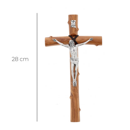 Crocifisso in legno d'olivo e corpo in metallo. Altezza 28 cm