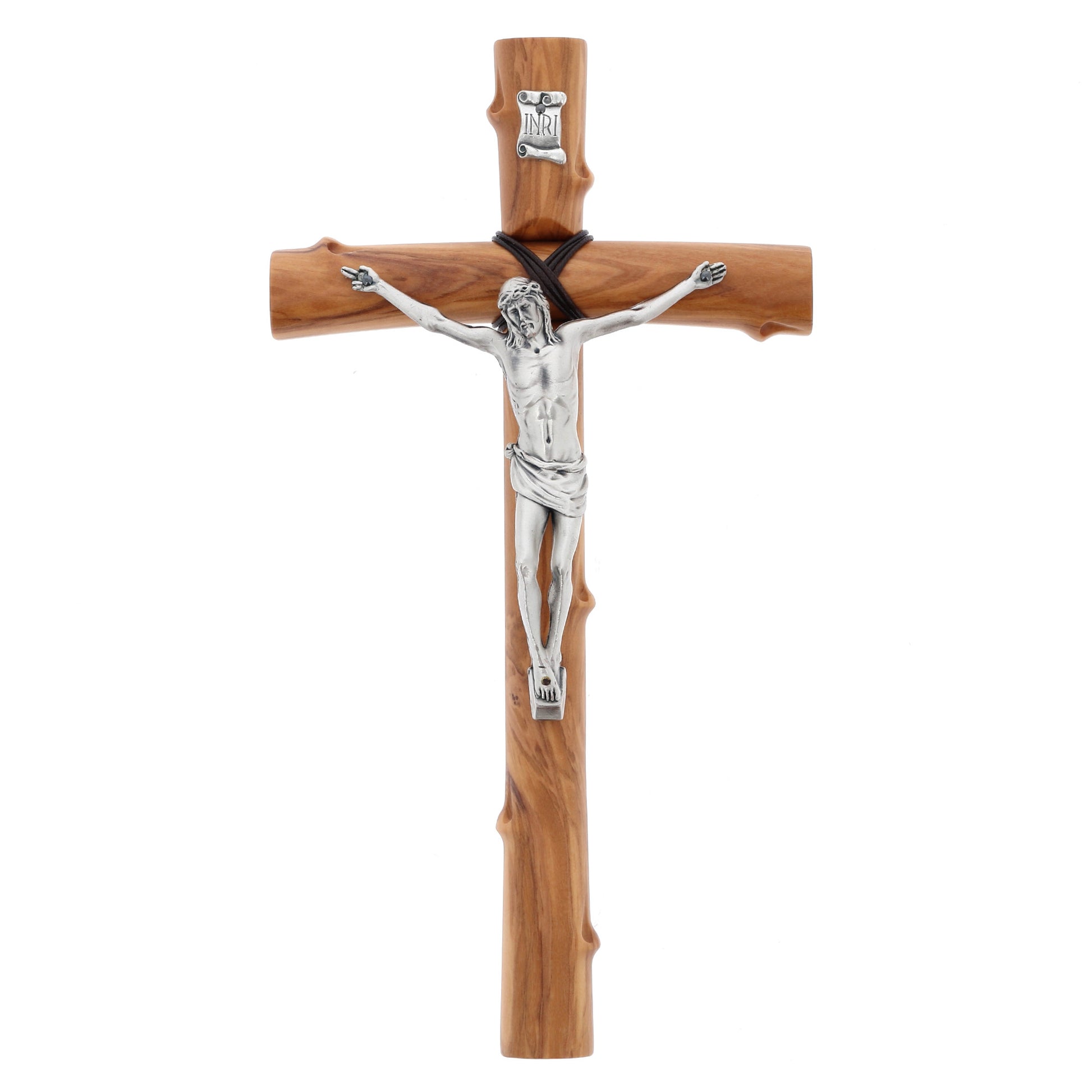 Crocifisso in legno d'olivo e corpo in metallo. Altezza 28 cm
