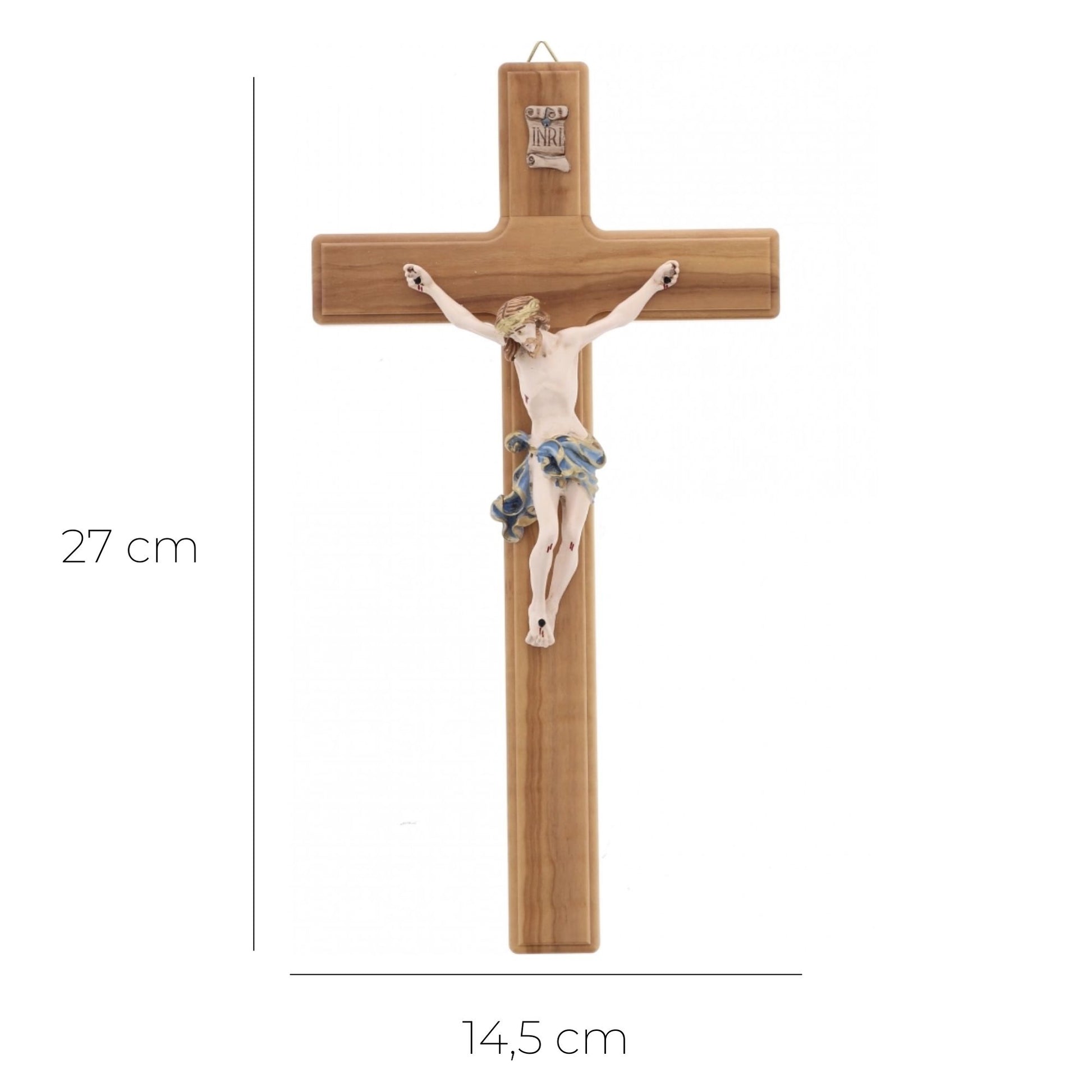 Crocifisso in legno d'olivo, corpo in resina decorata. Altezza 27 cm