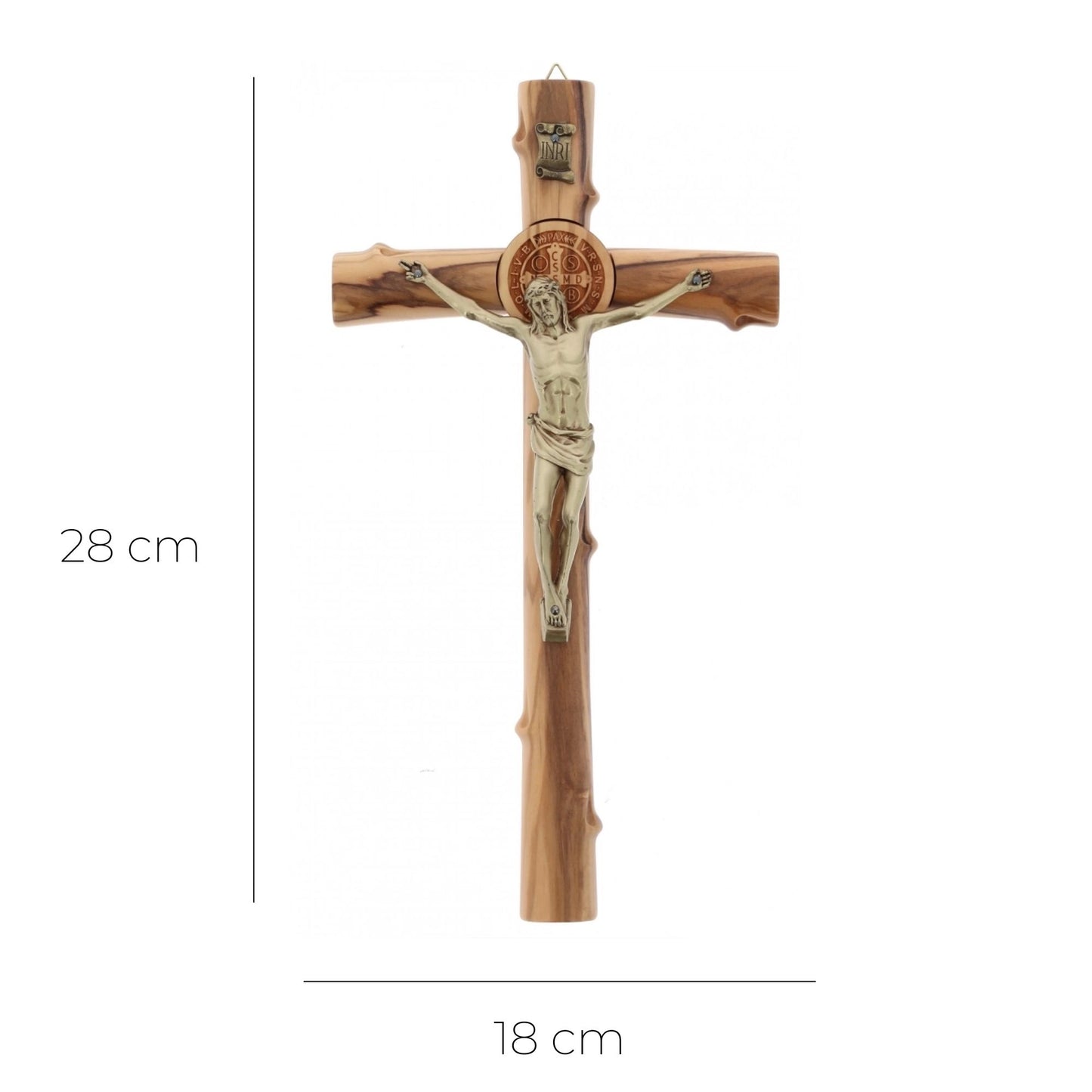 Croce San Benedetto in legno d'olivo, corpo in metallo. Altezza 28 cm