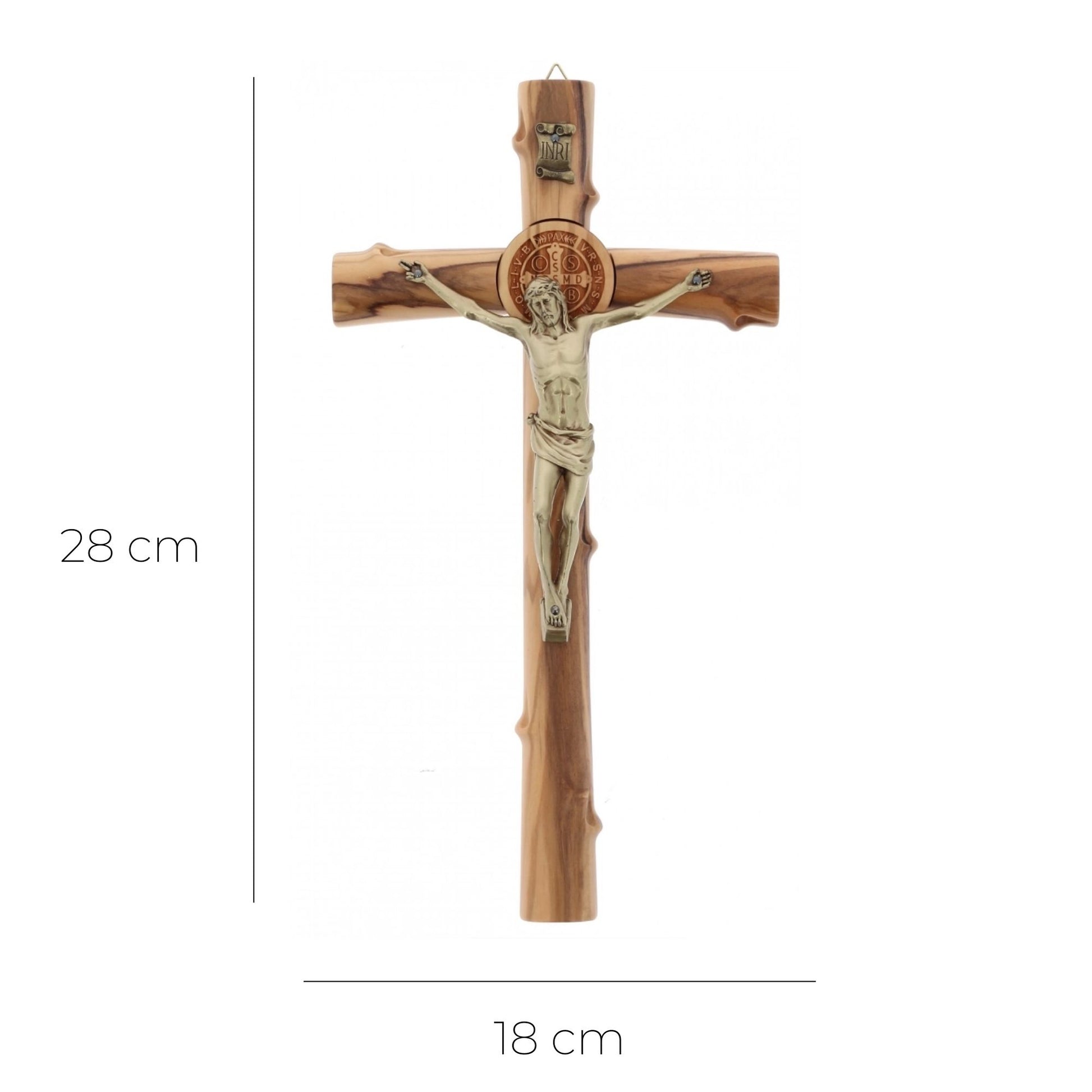 Croce San Benedetto in legno d'olivo, corpo in metallo. Altezza 28 cm