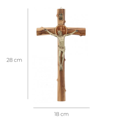Croce San Benedetto in legno d'olivo, corpo in metallo. Altezza 28 cm