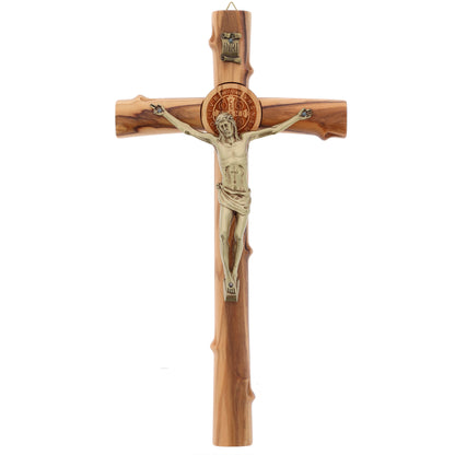 Croce San Benedetto in legno d'olivo, corpo in metallo. Altezza 28 cm
