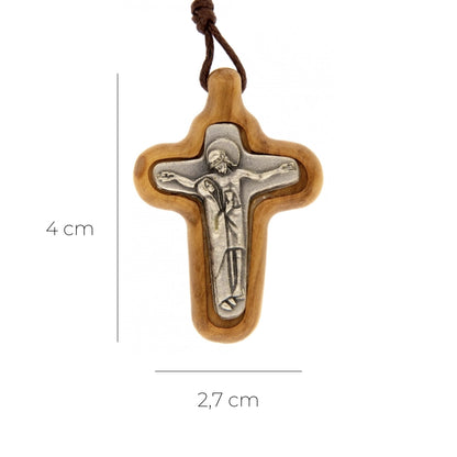 Ciondolo Croce della Riconciliazione in legno d'olivo e placca in metallo 4x2,7 cm