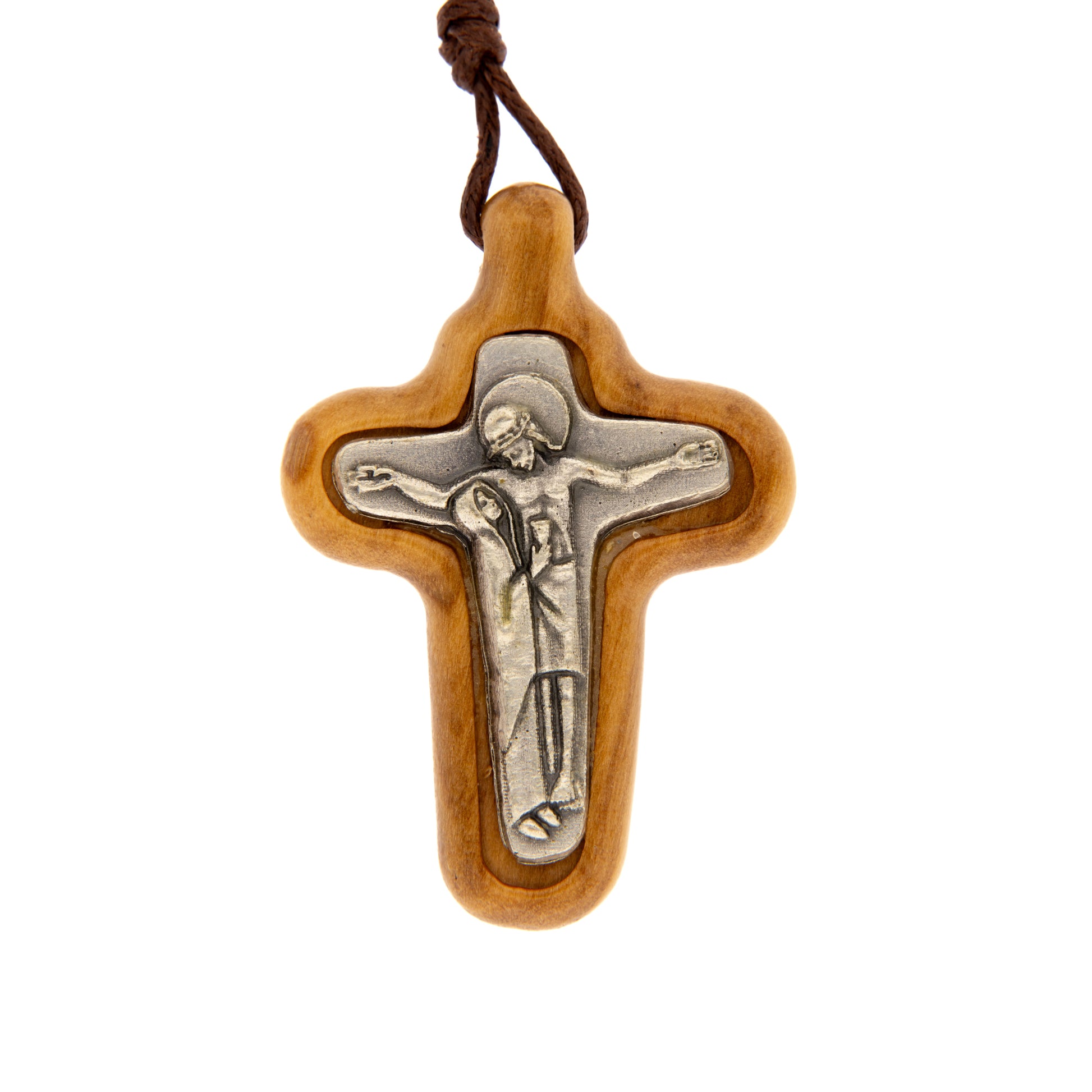 Ciondolo Croce della Riconciliazione in legno d'olivo e placca in metallo 4x2,7 cm