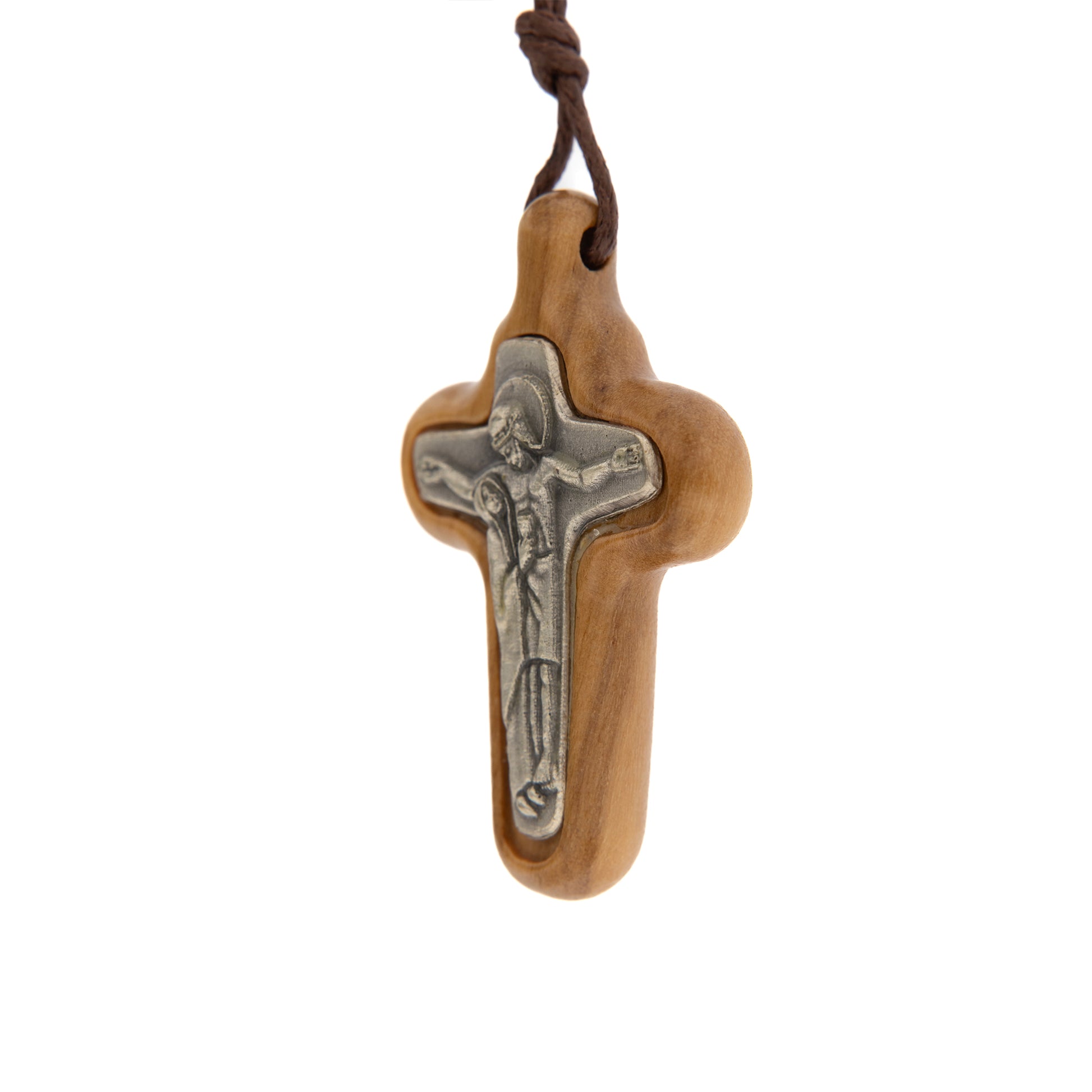 Ciondolo Croce della Riconciliazione in legno d'olivo e placca in metallo 4x2,7 cm