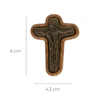 Calamita Croce della Riconciliazione in legno d'olivo e placca in metallo bronzato 6x4,3 cm