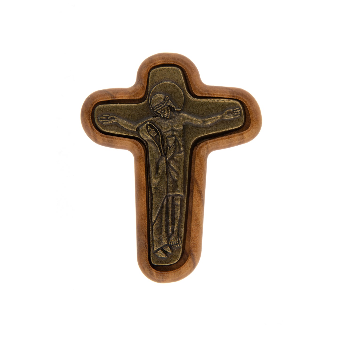 Calamita Croce della Riconciliazione in legno d'olivo e placca in metallo bronzato 6x4,3 cm