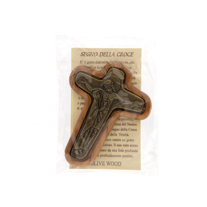 Calamita Croce della Riconciliazione in legno d'olivo e placca in metallo bronzato 6x4,3 cm