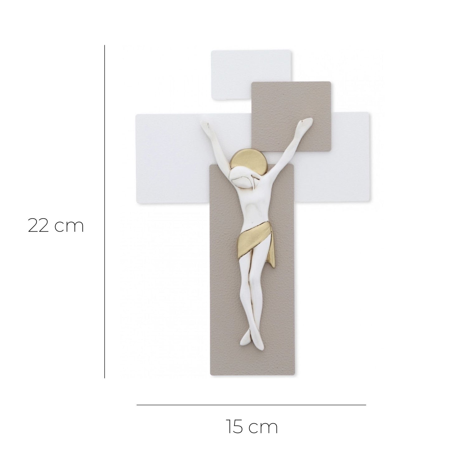 Crocifisso moderno e decorazioni dorate. Altezza 22 cm