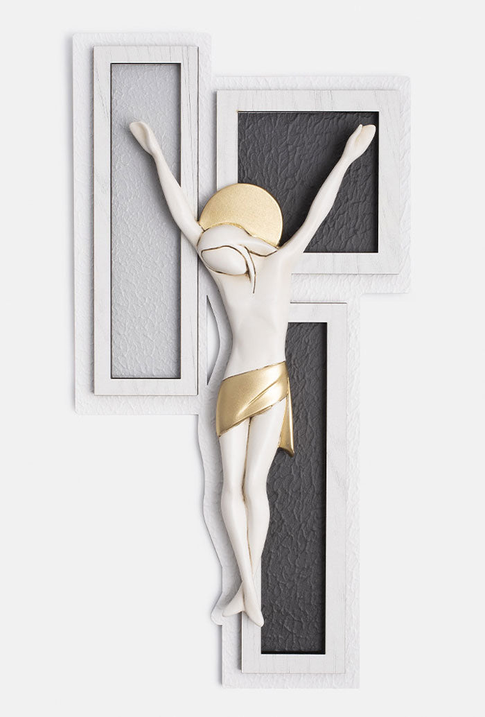 Crocifisso moderno con finitura a stucco scuro
e decorazioni dorate cm 15x29