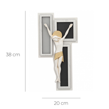 Crocifisso moderno e decorazioni dorate. Altezza 38 cm