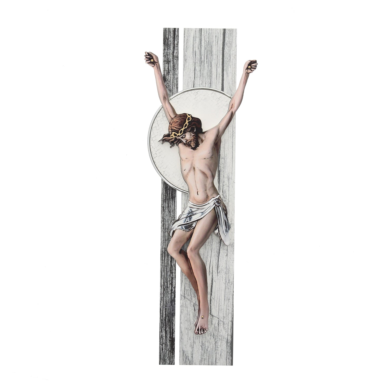 Crocifisso effetto legno e decorazioni in rilievo. Altezza 41 cm