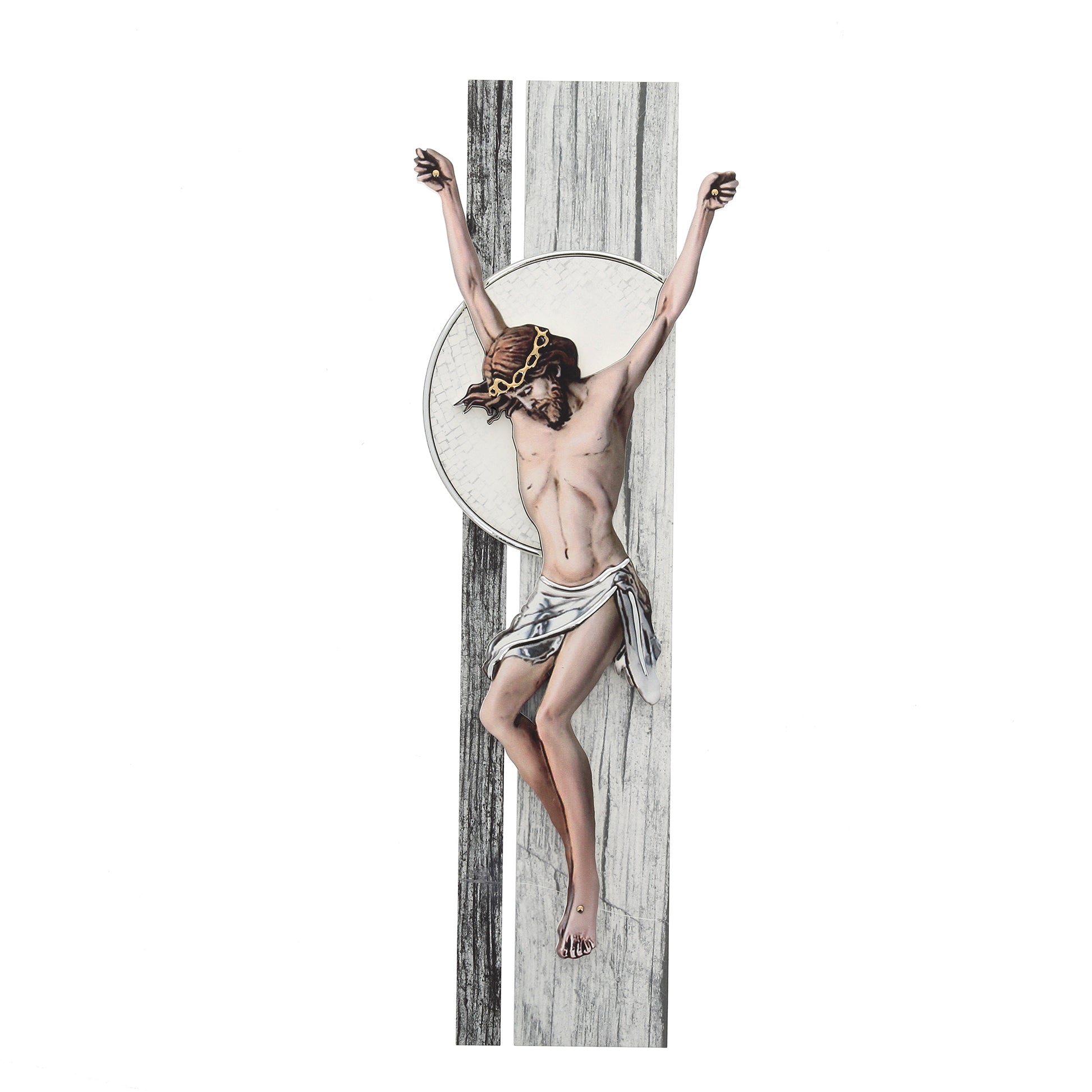 Crocifisso effetto legno e decorazioni in rilievo. Altezza 41 cm