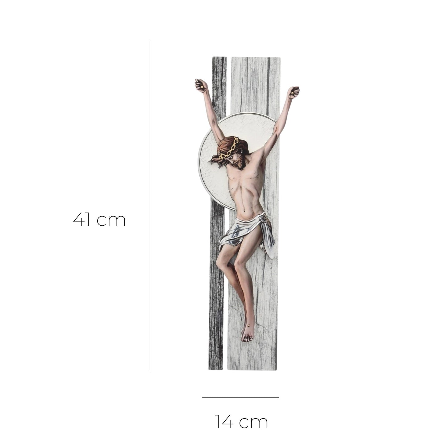 Crocifisso effetto legno e decorazioni in rilievo. Altezza 41 cm
