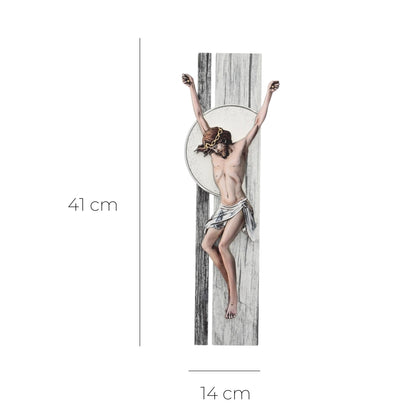 Crocifisso effetto legno e decorazioni in rilievo. Altezza 41 cm