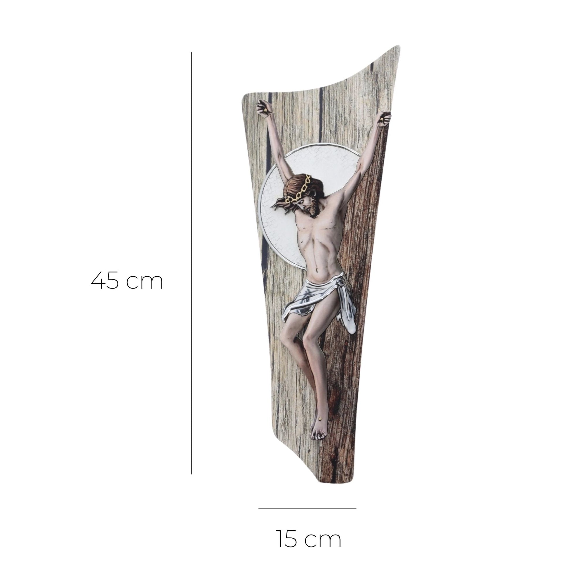 Crocifisso effetto legno e decorazioni in rilievo. Altezza 45 cm