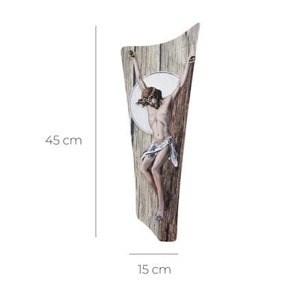 Crocifisso effetto legno e decorazioni in rilievo. Altezza 45 cm