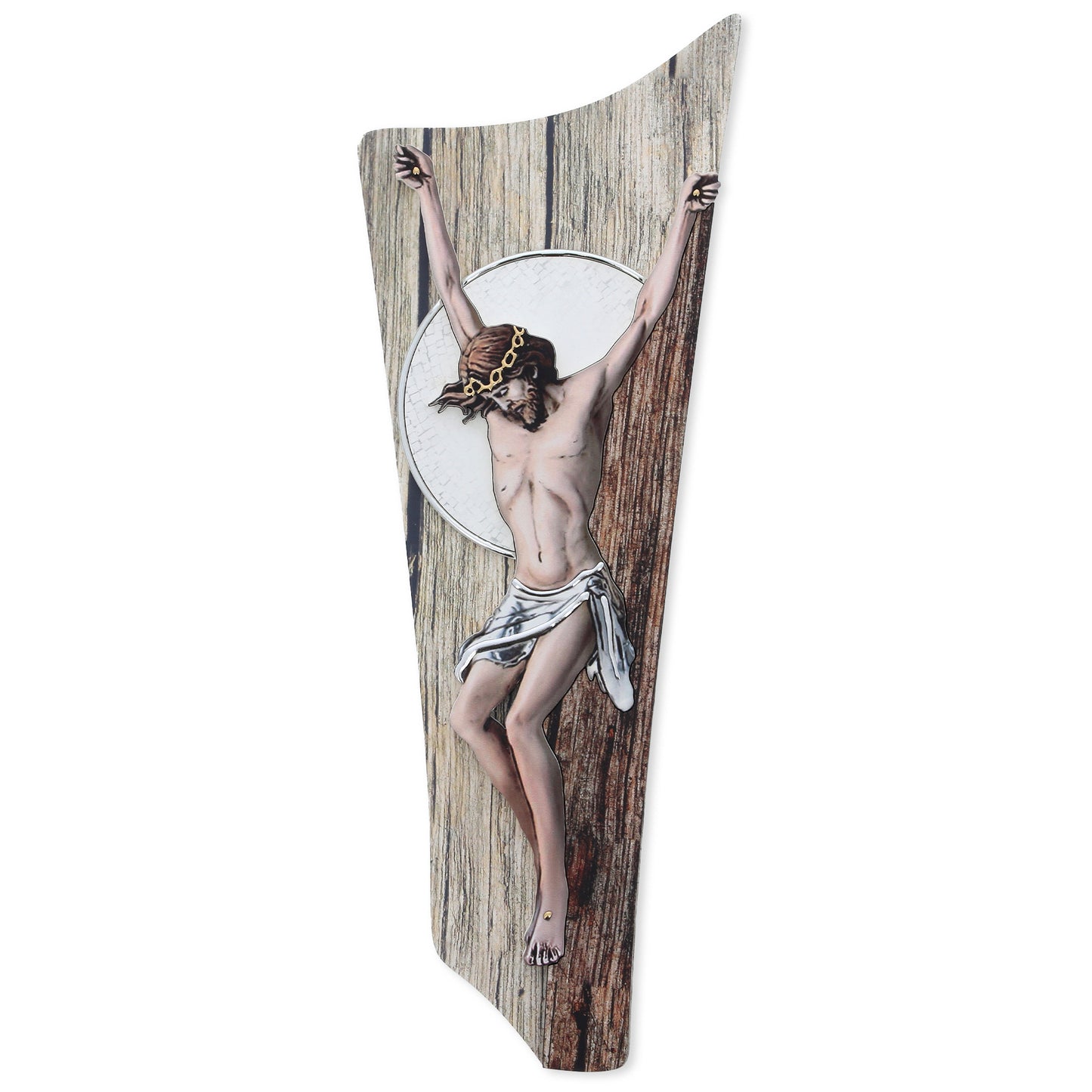 Crocifisso effetto legno e decorazioni in rilievo. Altezza 45 cm